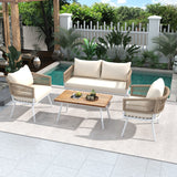4-Piece Boho Sling Patio Conversation Set Outdoor Seating Set with Gray Cushions and Acacia Wood Coffee Table