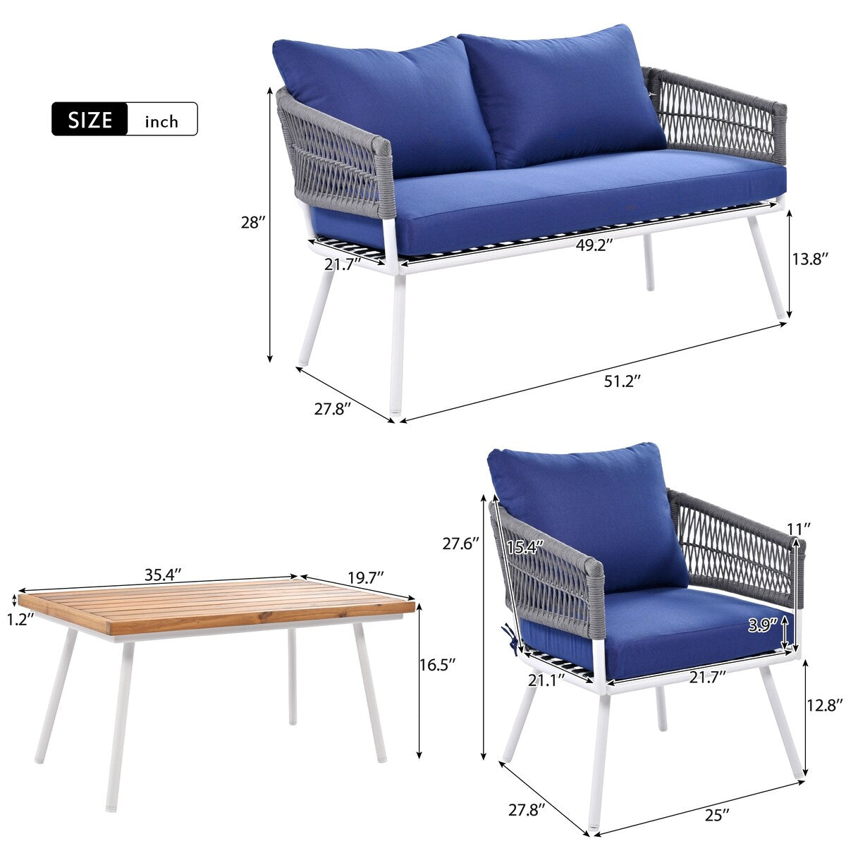 4-Piece Boho Sling Patio Conversation Set Outdoor Seating Set with Gray Cushions and Acacia Wood Coffee Table