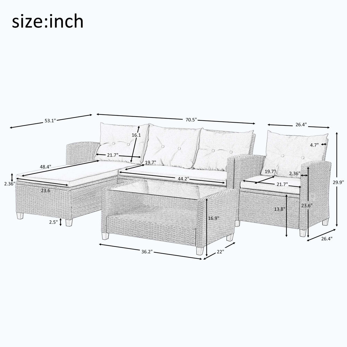 4 Piece Conversation Set Wicker Ratten Sectional Sofa with Seat Cushions