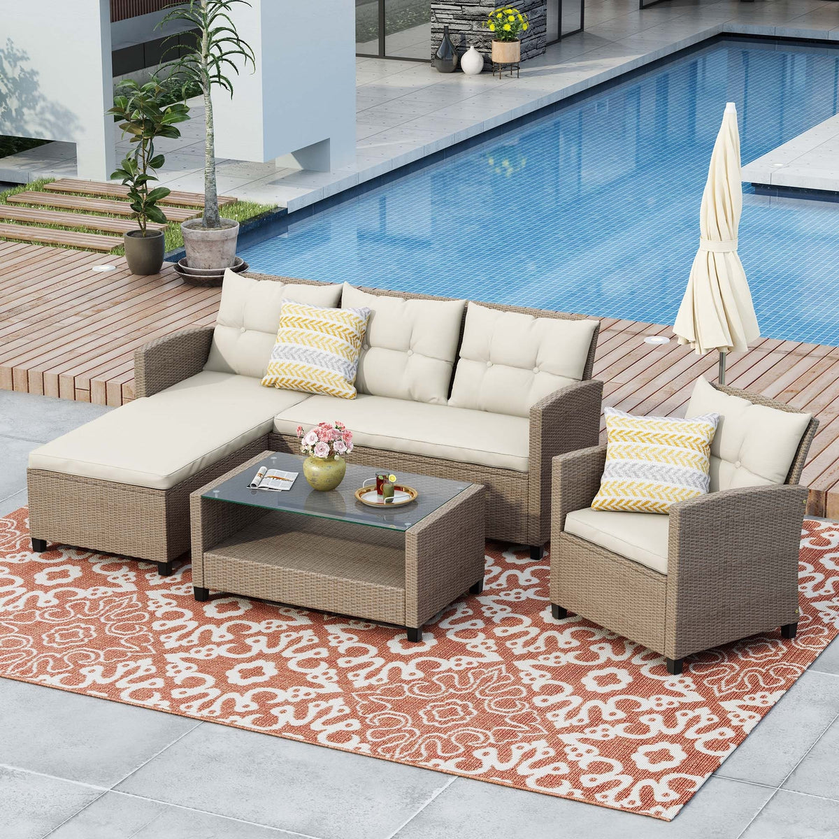 4 Piece Conversation Set Wicker Ratten Sectional Sofa with Seat Cushio