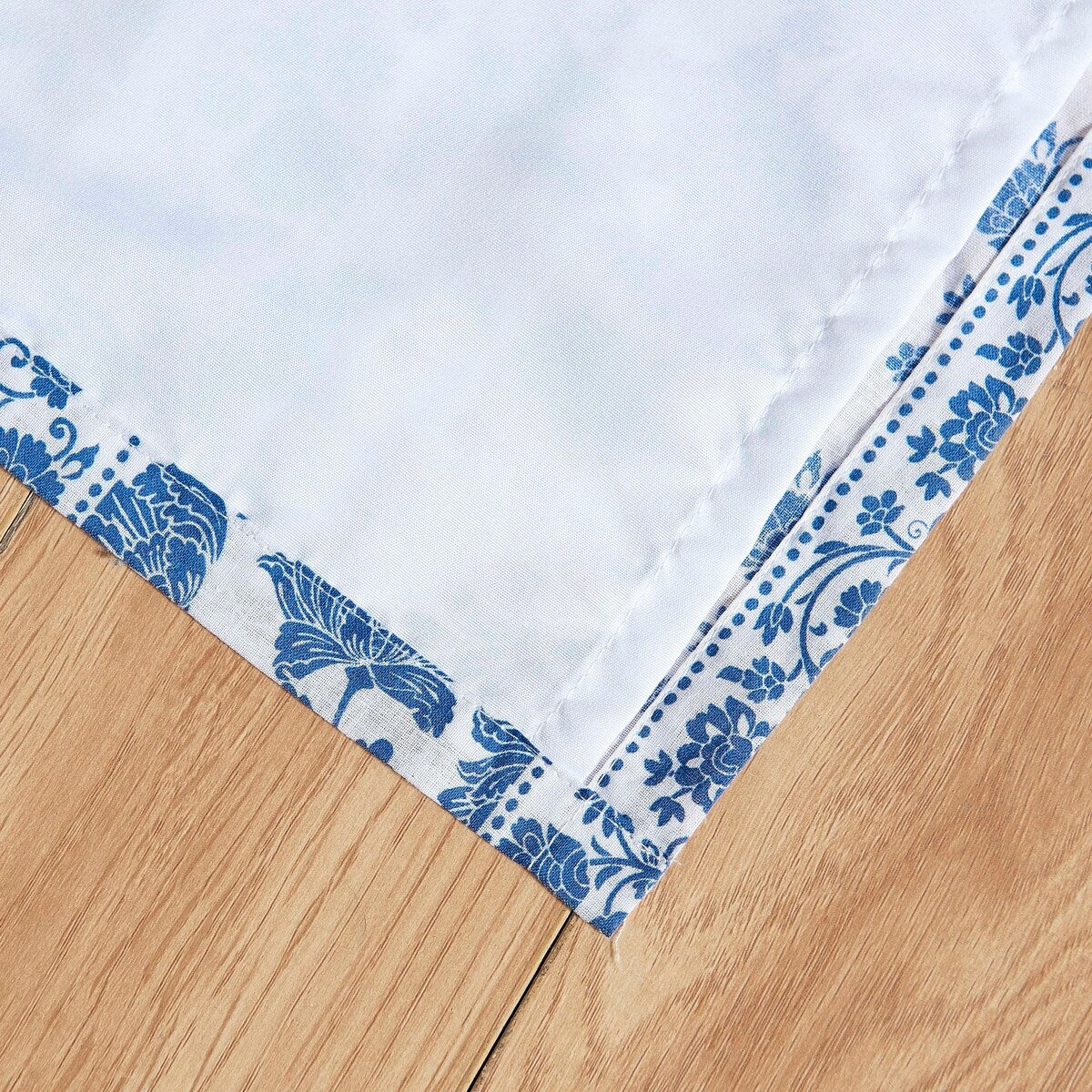 4 Piece Cotton Window Panel Set with Leaf Print, Blue and White