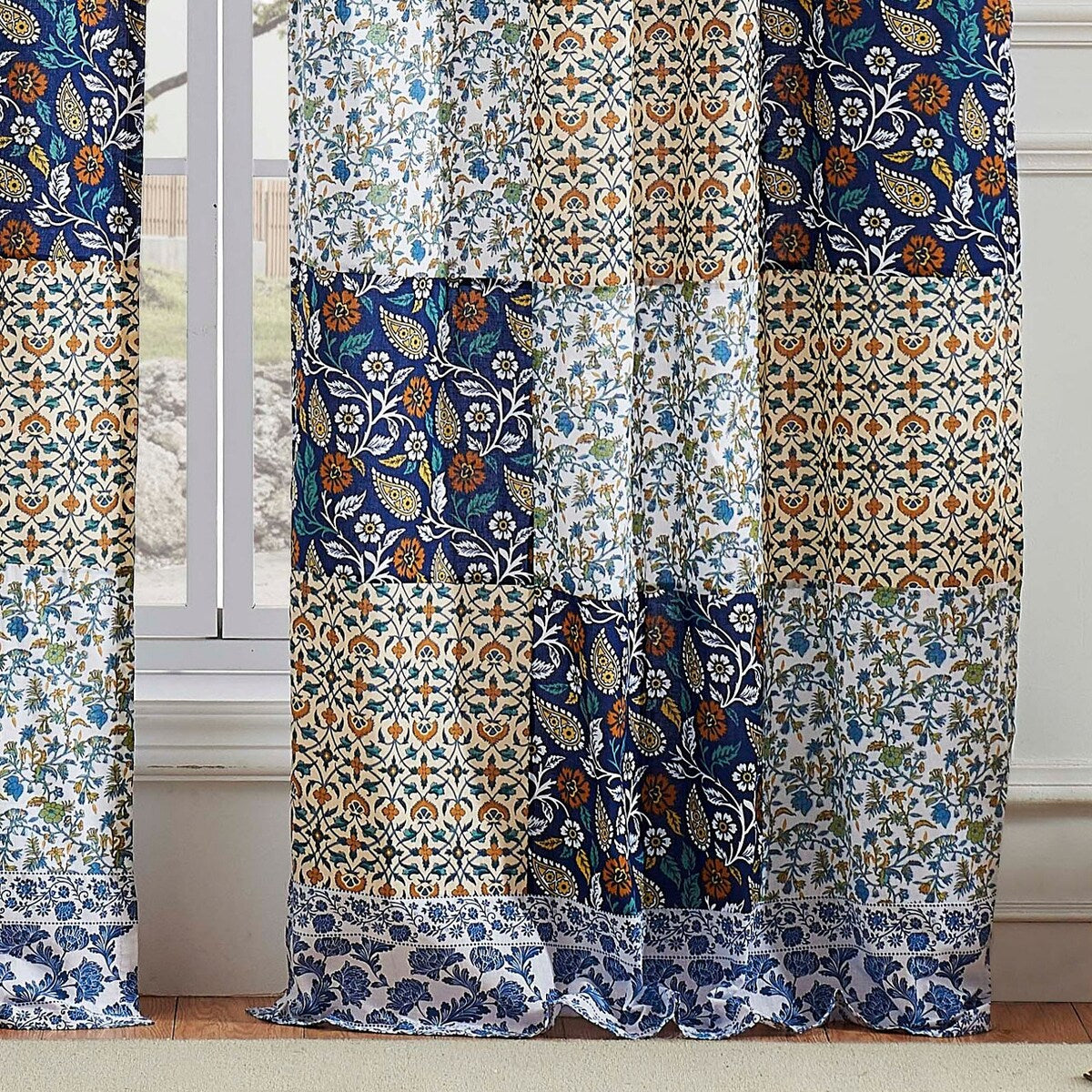 4 Piece Cotton Window Panel Set with Leaf Print, Blue and White