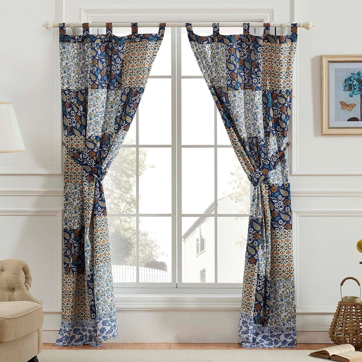 4 Piece Cotton Window Panel Set with Leaf Print, Blue and White