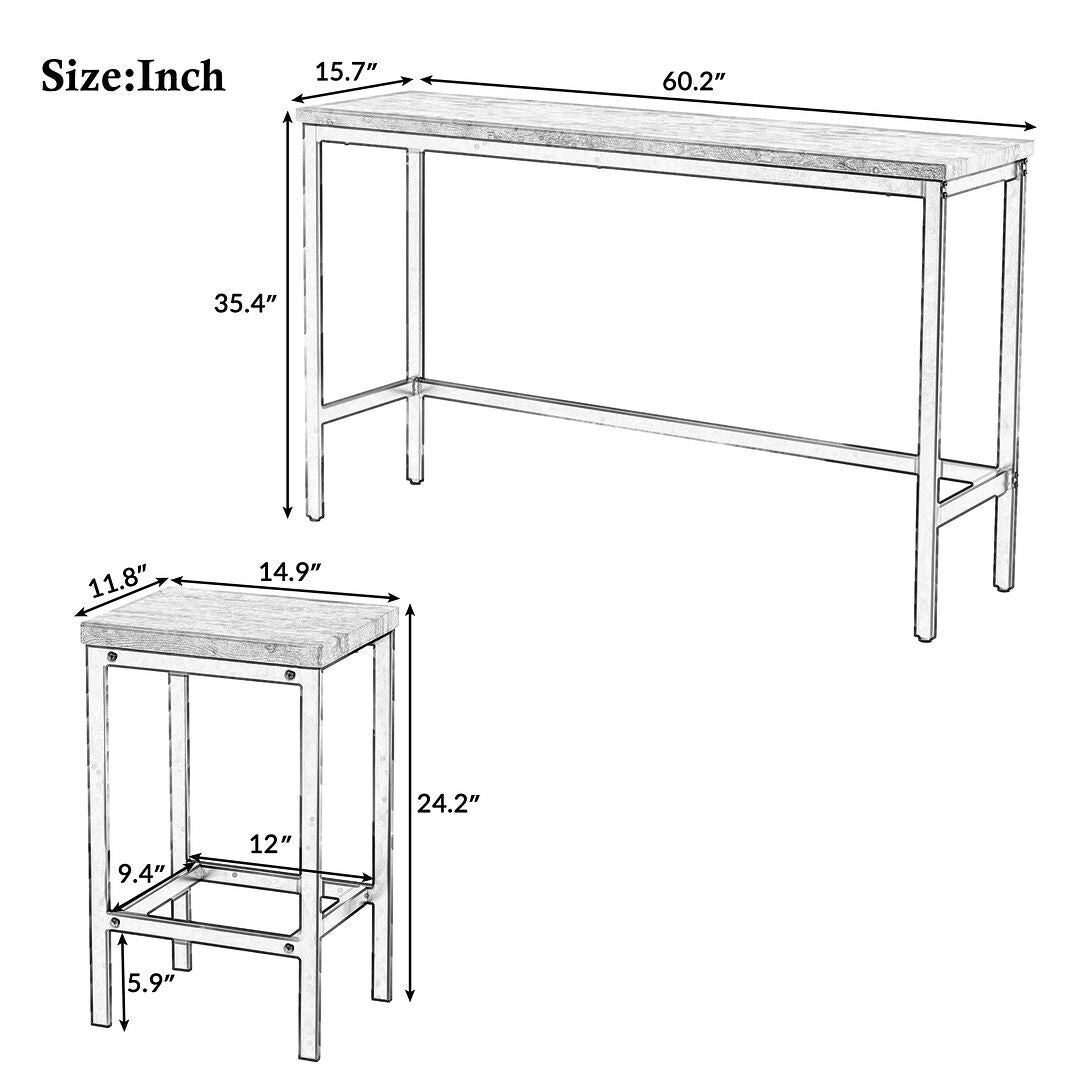 4 Piece Counter Height Dining Table Set - 60.2" Rectangle Bar Pub Table with 3 Stools