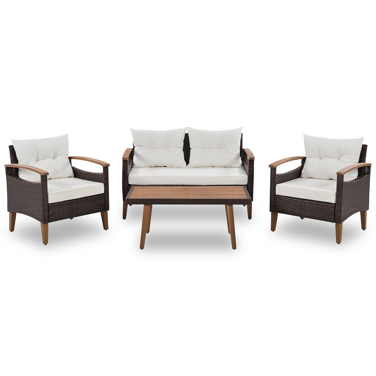 4-Piece Garden Furniture, Patio Seating Set, PE Rattan Outdoor Sofa Set, Wood Table and Legs