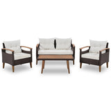 4-Piece Garden Furniture, Patio Seating Set, PE Rattan Outdoor Sofa Set, Wood Table and Legs