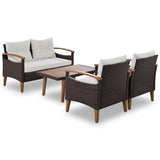 4-Piece Garden Furniture, Patio Seating Set, PE Rattan Outdoor Sofa Set, Wood Table and Legs