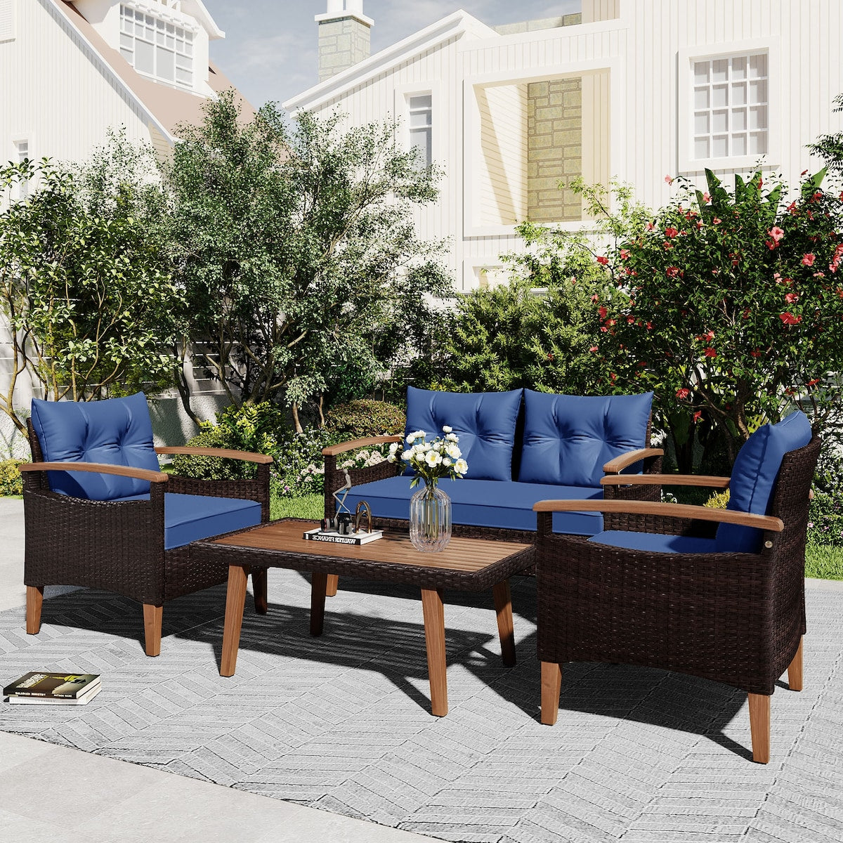 4-Piece Garden Furniture, Patio Seating Set, PE Rattan Outdoor Sofa Set, Wood Table and Legs