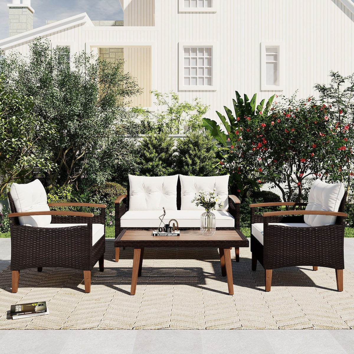 4-Piece Garden Furniture, Patio Seating Set, PE Rattan Outdoor Sofa Set, Wood Table and Legs