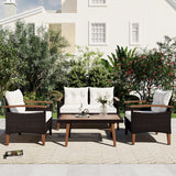 4-Piece Garden Furniture, Patio Seating Set, PE Rattan Outdoor Sofa Set, Wood Table and Legs