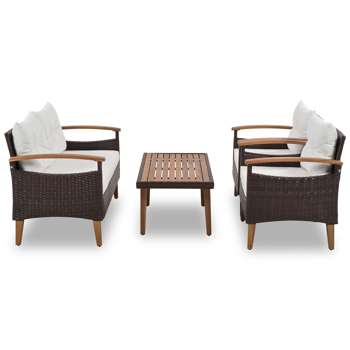 4-Piece Garden Furniture, Patio Seating Set, PE Rattan Outdoor Sofa Set, Wood Table and Legs