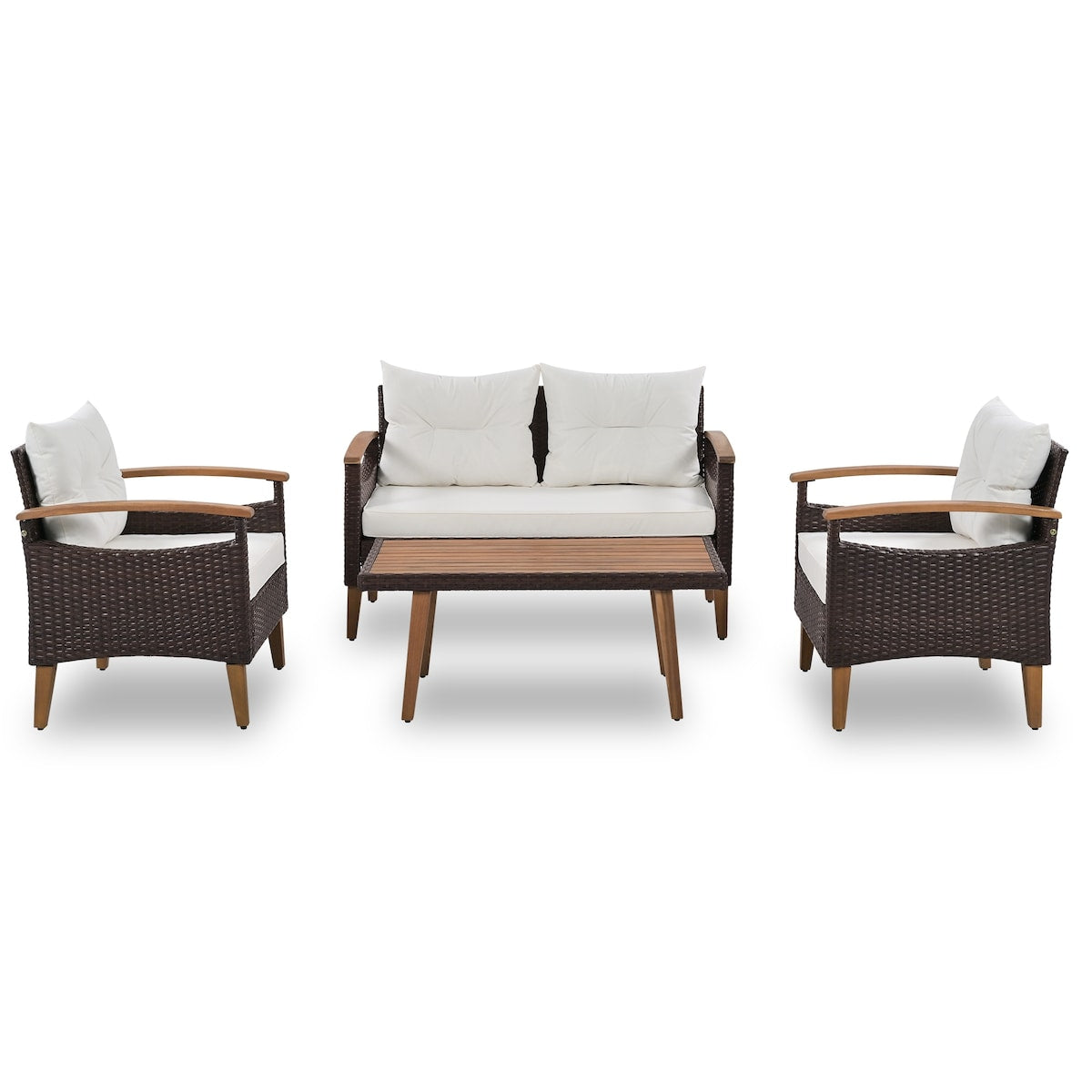 4-Piece Garden Furniture, Patio Seating Set, PE Rattan Outdoor Sofa Set, Wood Table and Legs