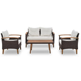 4-Piece Garden Furniture, Patio Seating Set, PE Rattan Outdoor Sofa Set, Wood Table and Legs