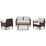 4-Piece Garden Furniture, Patio Seating Set, PE Rattan Outdoor Sofa Set, Wood Table and Legs