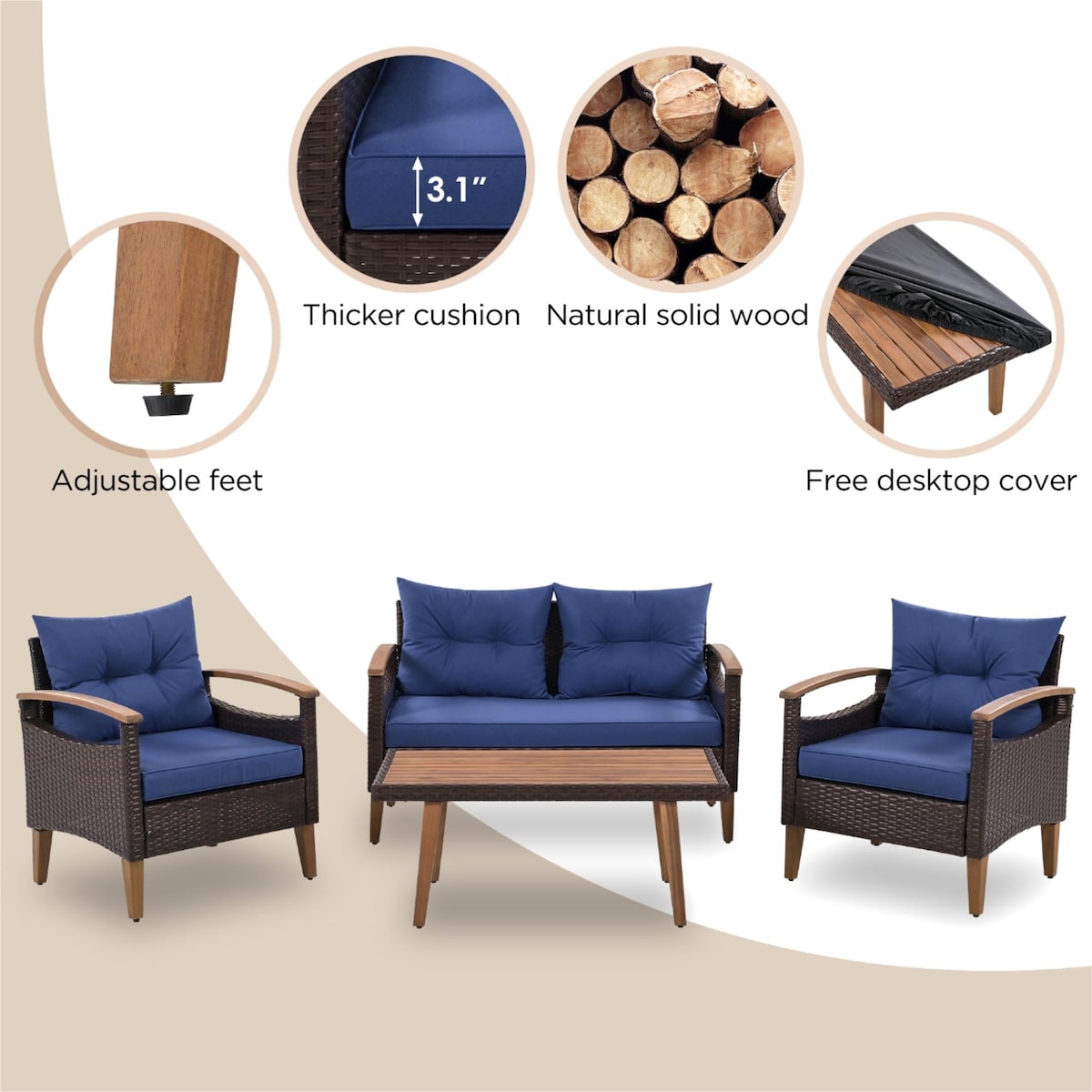 4-Piece Garden Furniture, Patio Seating Set, PE Rattan Outdoor Sofa Set, Wood Table and Legs