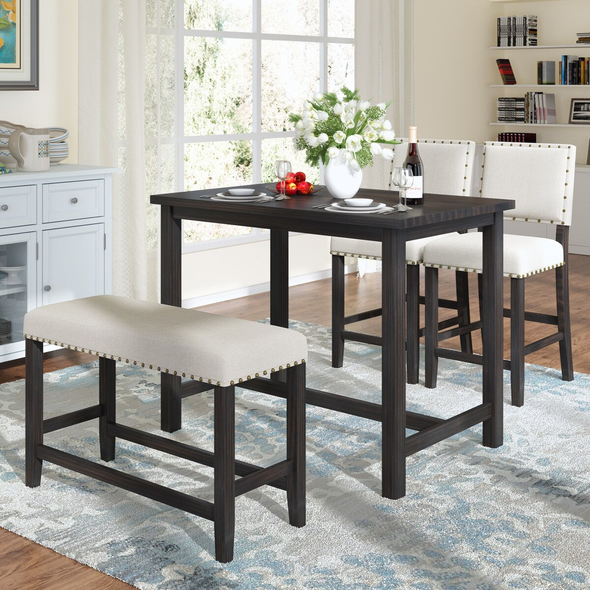 4-Piece Kitchen Dining Table Set w/Bench & 2 Upholstered Chairs, Beige