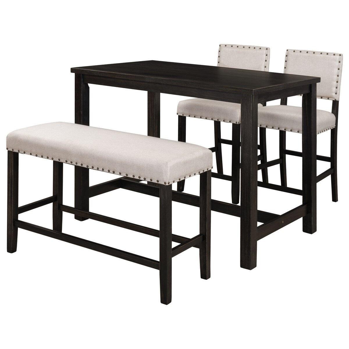4-Piece Kitchen Dining Table Set w/Bench & 2 Upholstered Chairs, Beige