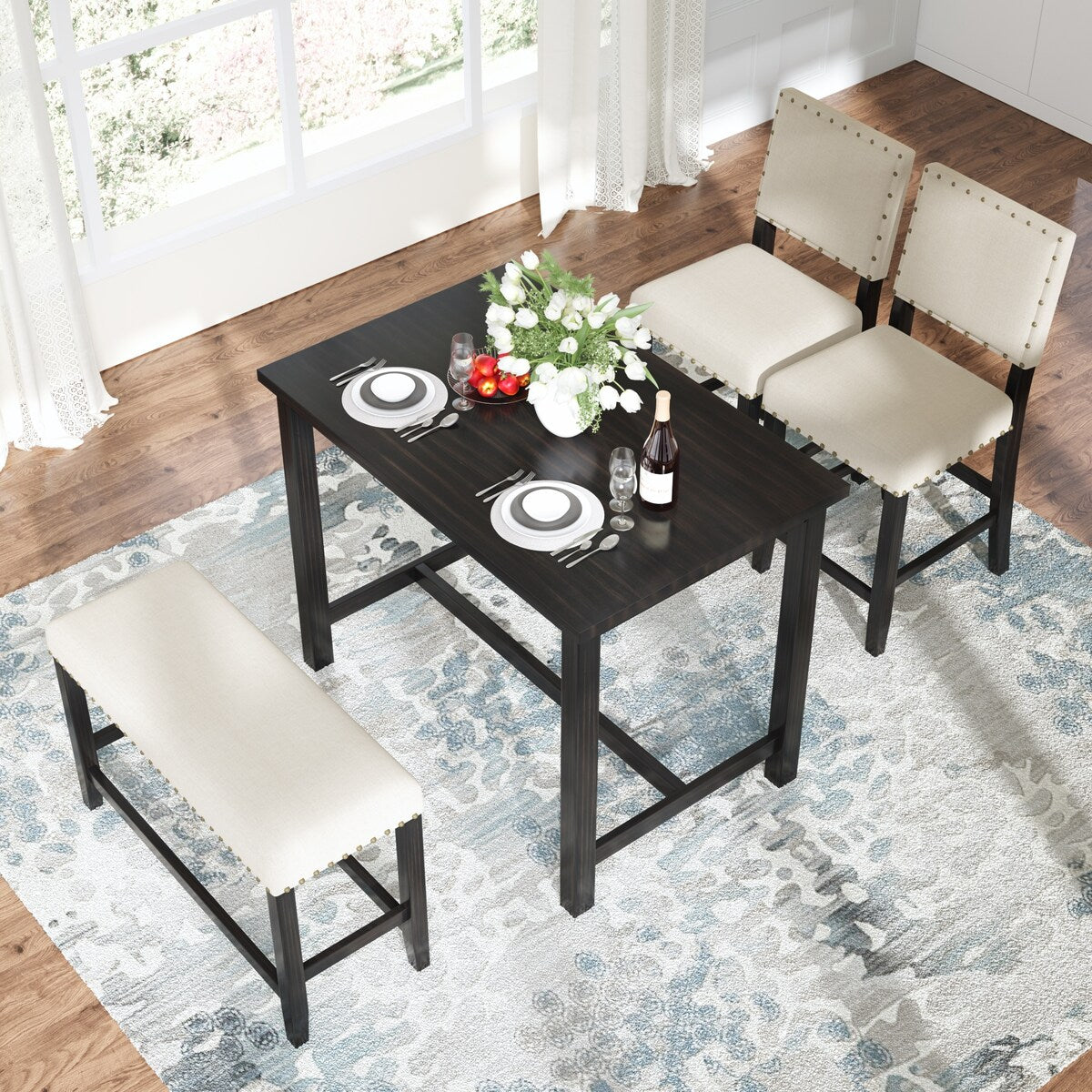 4-Piece Kitchen Dining Table Set w/Bench & 2 Upholstered Chairs, Beige