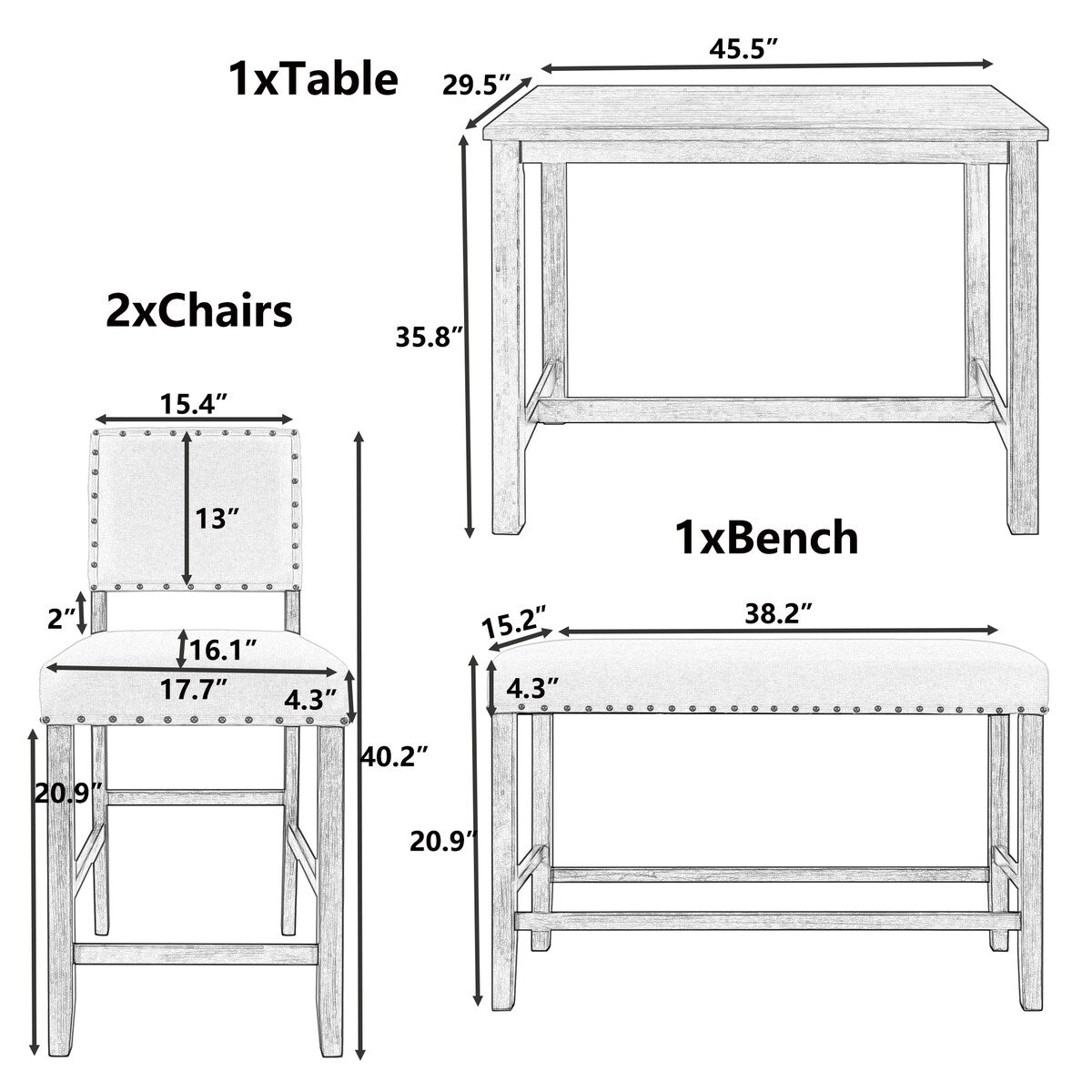 4-Piece Kitchen Dining Table Set w/Bench & 2 Upholstered Chairs, Beige
