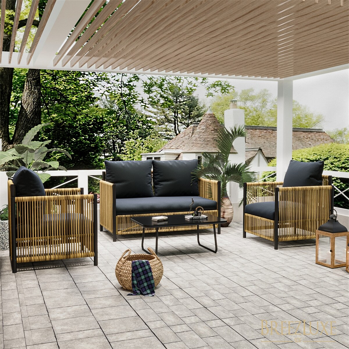 4 Piece Outdoor Brown PE Wicker Sofa Set with Cushions