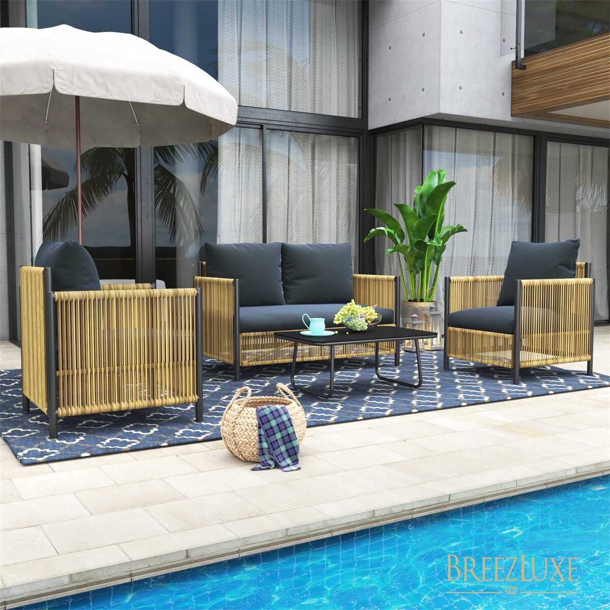 4 Piece Outdoor Brown PE Wicker Sofa Set with Cushions