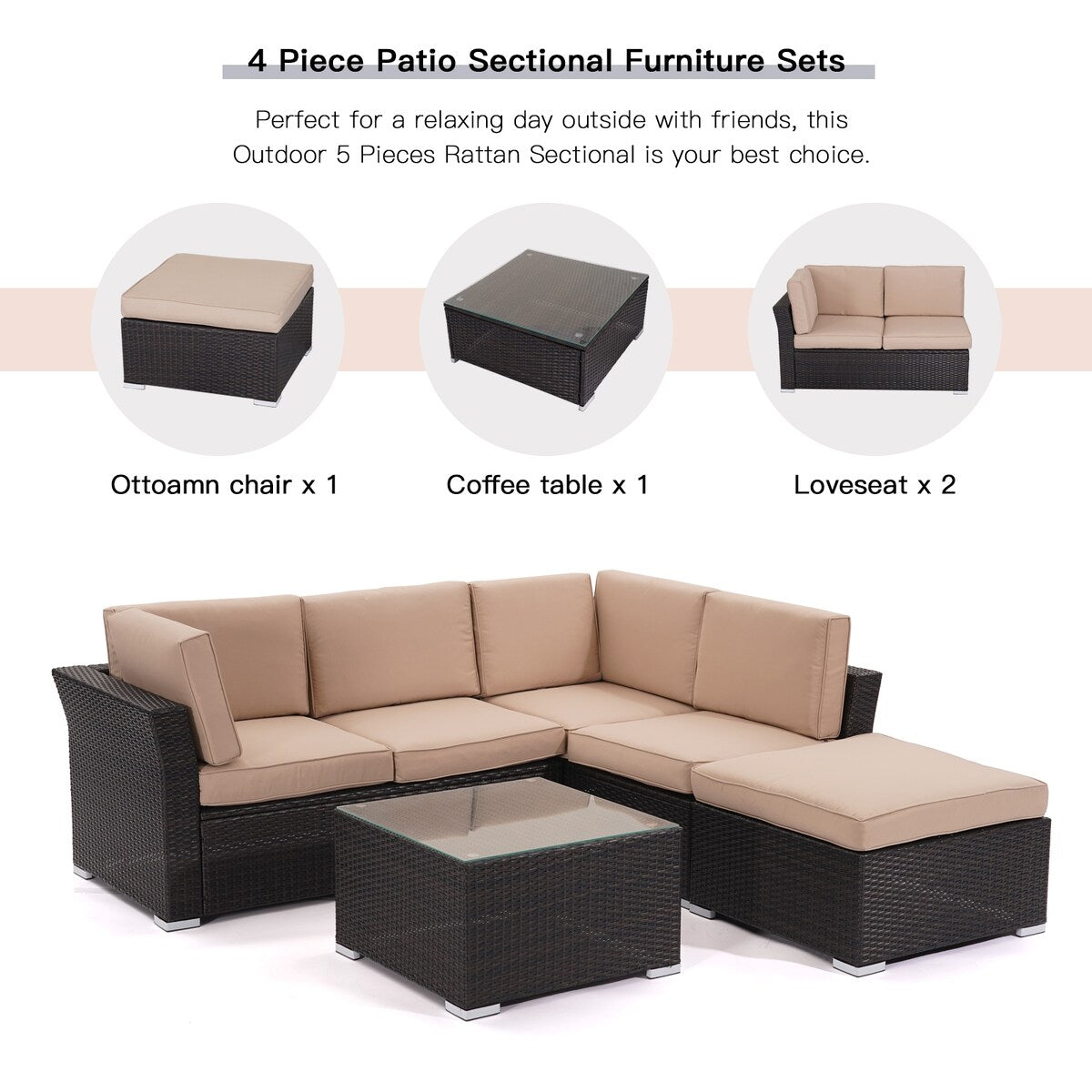 4-Piece Outdoor Furniture Rattan Sofa Set with Beige Cushion