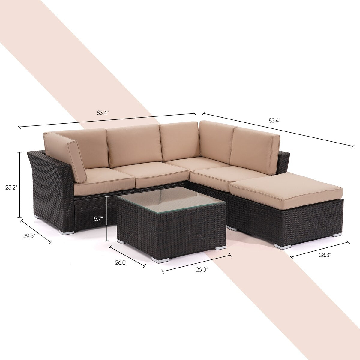 4-Piece Outdoor Furniture Rattan Sofa Set with Beige Cushion