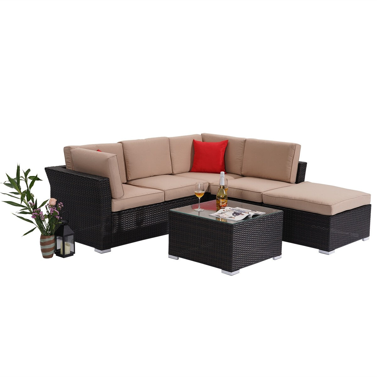 4-Piece Outdoor Furniture Rattan Sofa Set with Beige Cushion