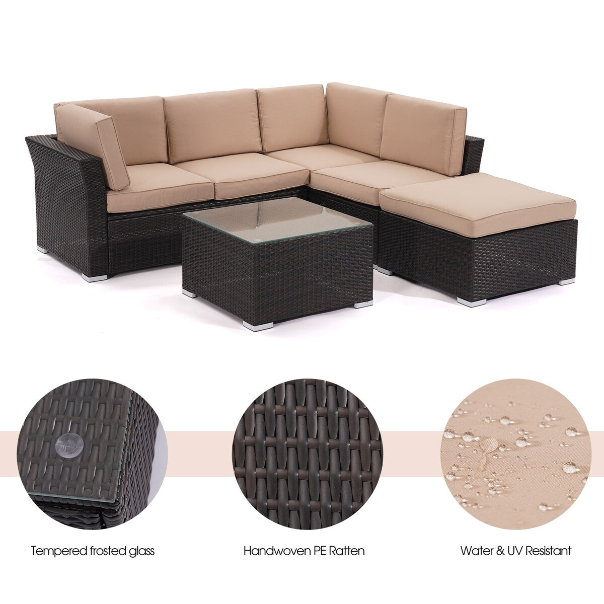4-Piece Outdoor Furniture Rattan Sofa Set with Beige Cushion