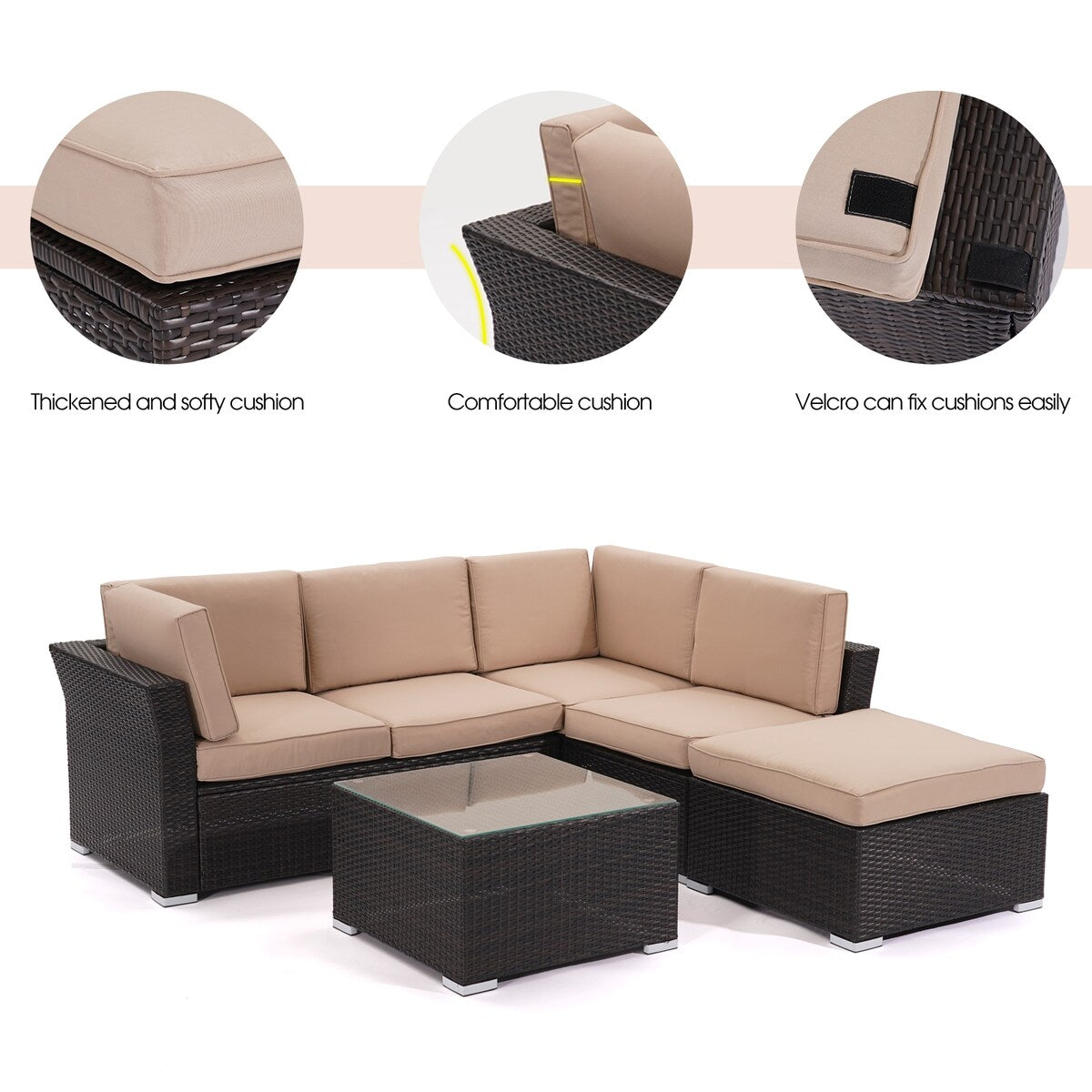 4-Piece Outdoor Furniture Rattan Sofa Set with Beige Cushion