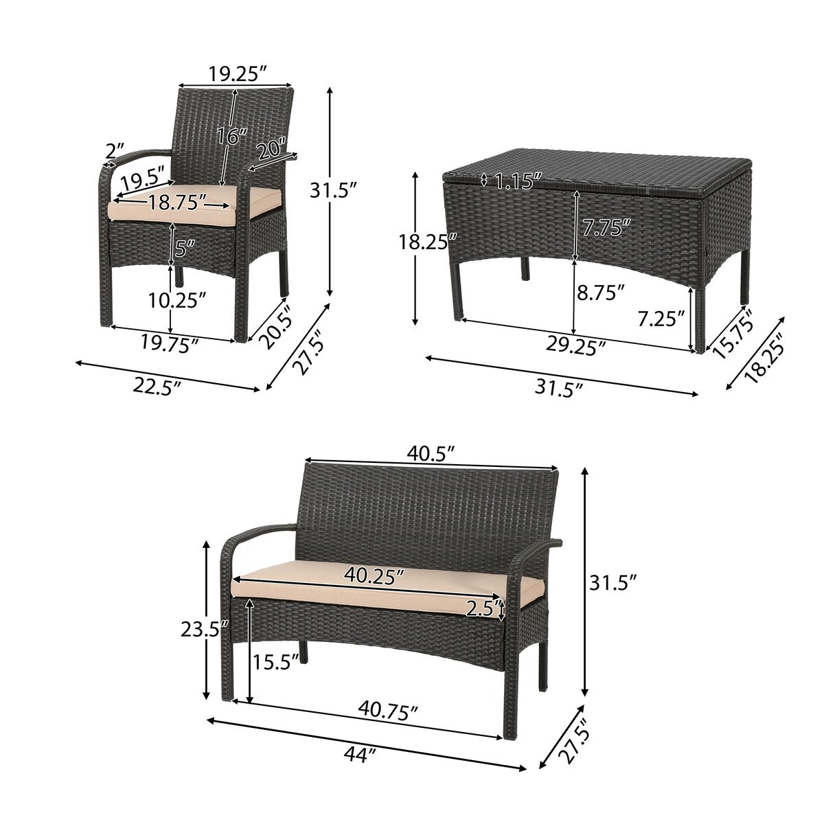 4-Piece Outdoor Patio Sofa Set with Upholstered Cushions and Table