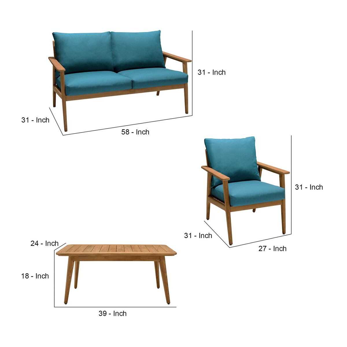 4 Piece Outdoor Sectional Sofa Set with Wooden Frame, Blue