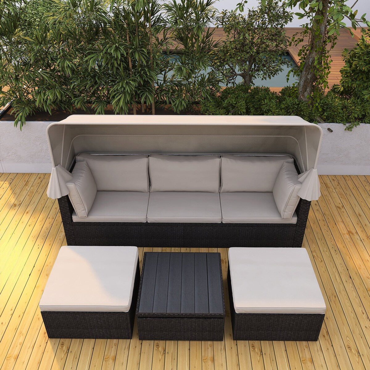 4-Piece Outdoor Wicker Sectional Patio Daybed with Canopy and Ottoman