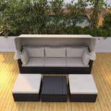 4-Piece Outdoor Wicker Sectional Patio Daybed with Canopy and Ottoman