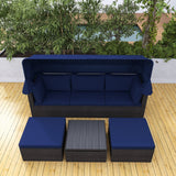4-Piece Outdoor Wicker Sectional Patio Daybed with Canopy and Ottoman