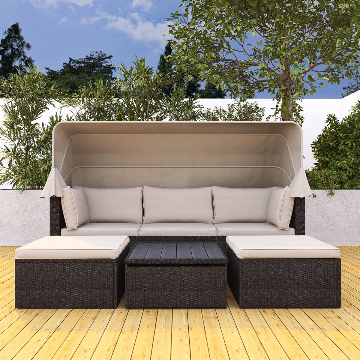 4-Piece Outdoor Wicker Sectional Patio Daybed with Canopy and Ottoman