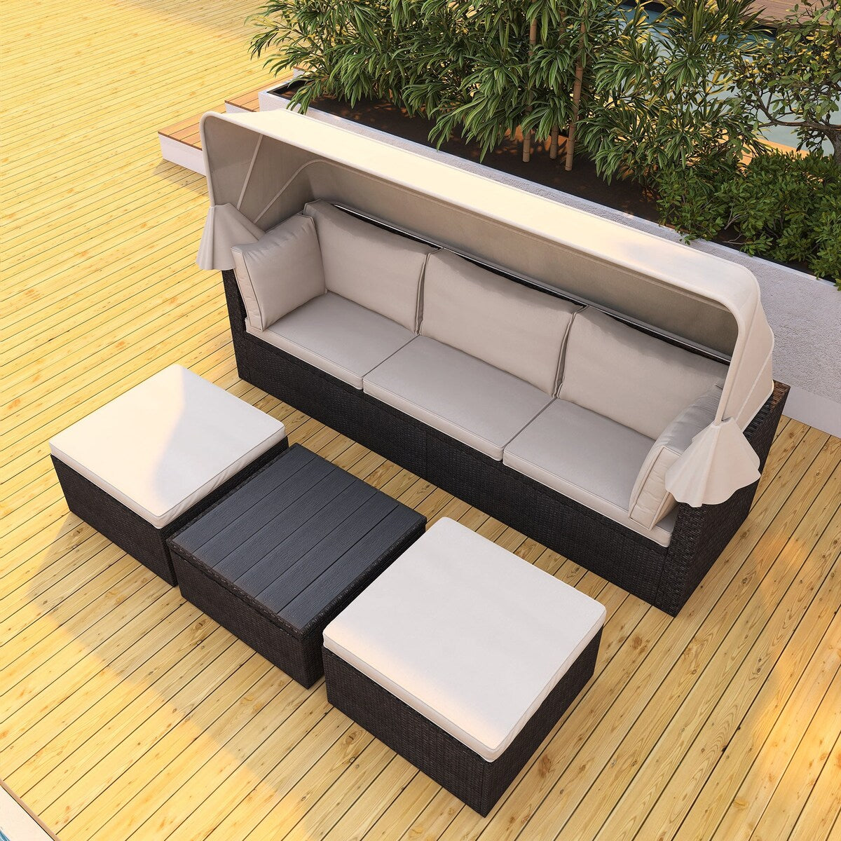 4-Piece Outdoor Wicker Sectional Patio Daybed with Canopy and Ottoman