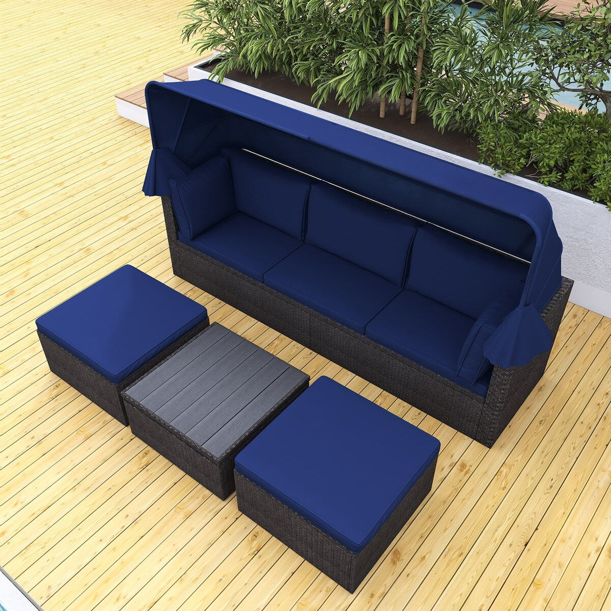 4-Piece Outdoor Wicker Sectional Patio Daybed with Canopy and Ottoman