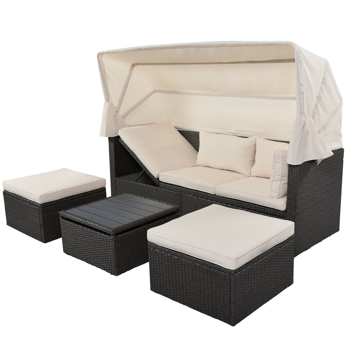 4-Piece Outdoor Wicker Sectional Patio Daybed with Canopy and Ottoman