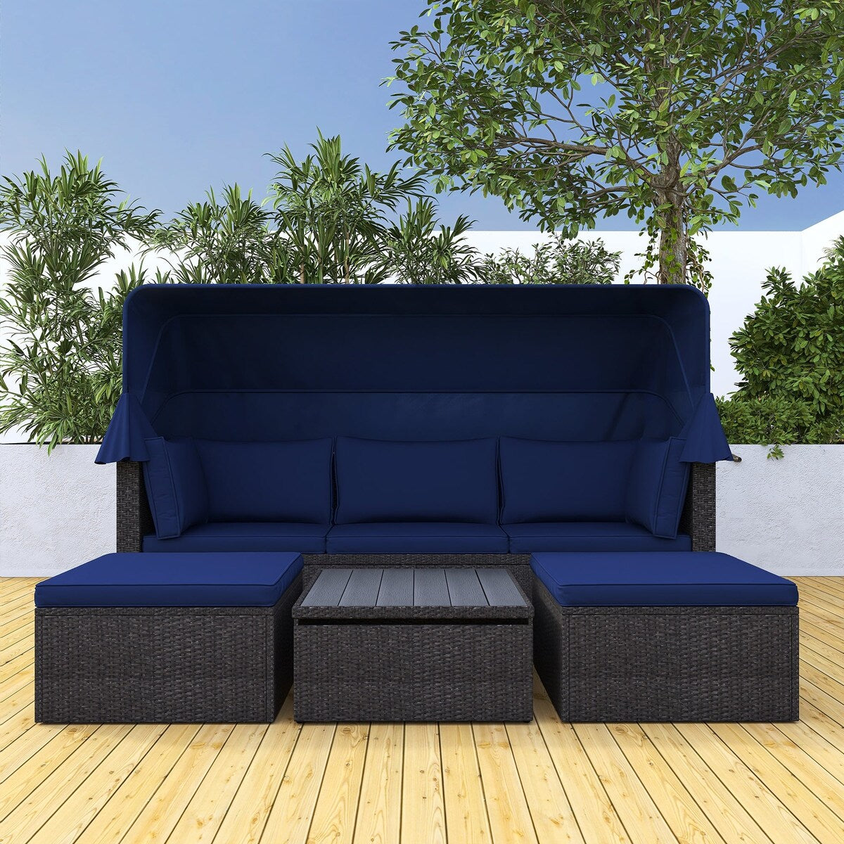 4-Piece Outdoor Wicker Sectional Patio Daybed with Canopy and Ottoman