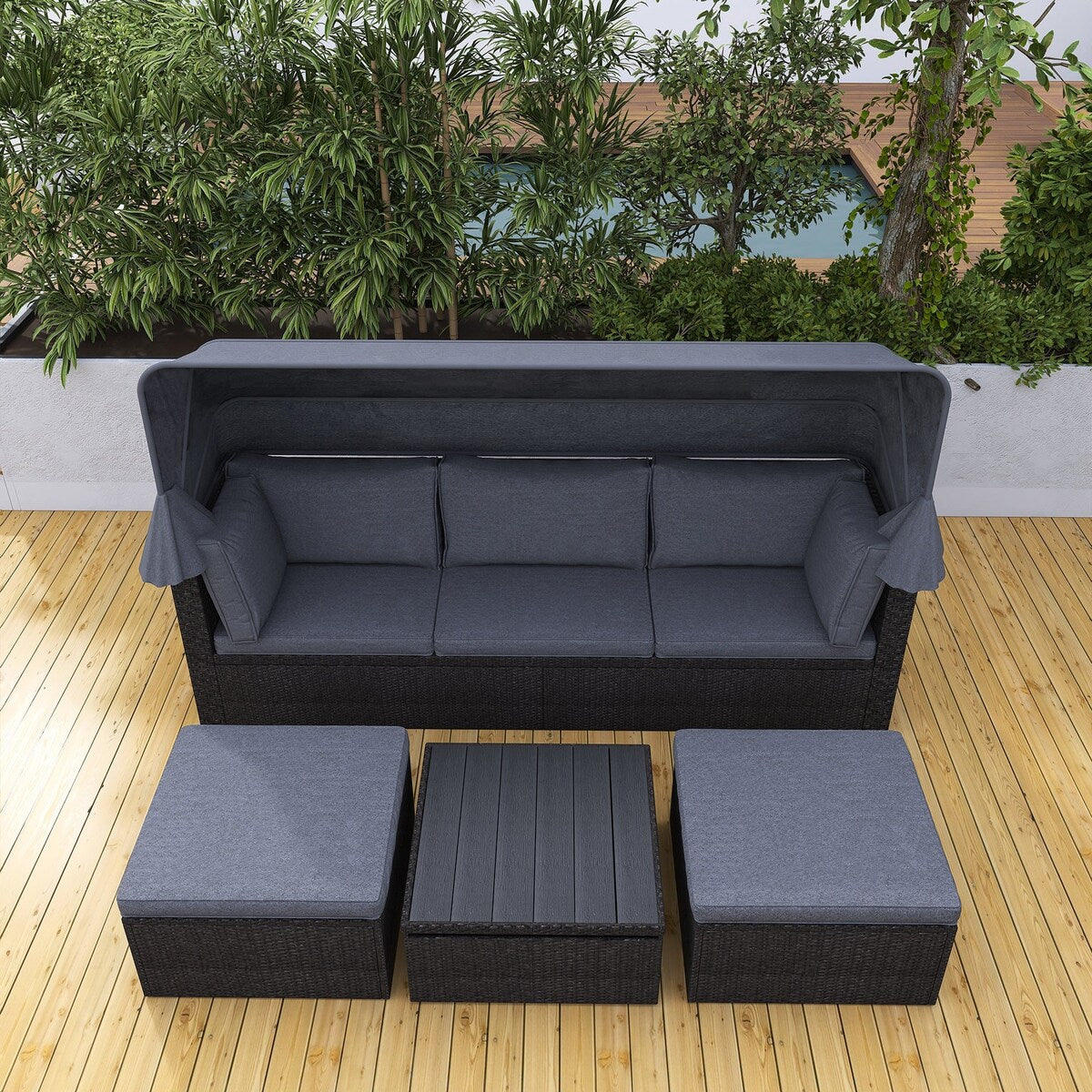 4-Piece Outdoor Wicker Sectional Patio Daybed with Canopy and Ottoman