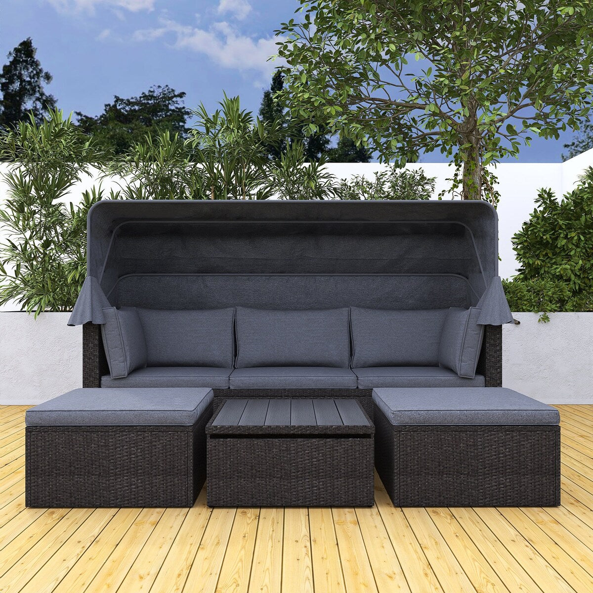 4-Piece Outdoor Wicker Sectional Patio Daybed with Canopy and Ottoman