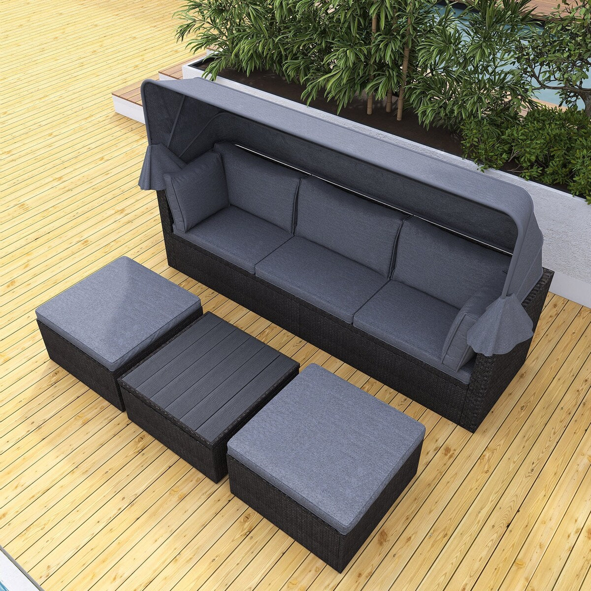 4-Piece Outdoor Wicker Sectional Patio Daybed with Canopy and Ottoman
