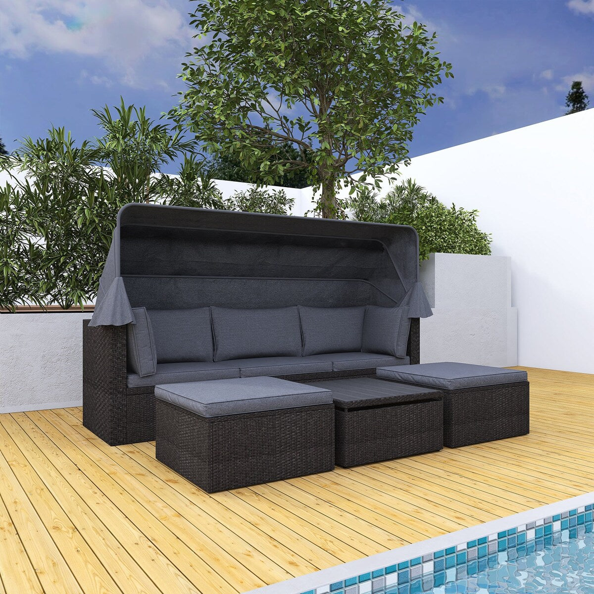 4-Piece Outdoor Wicker Sectional Patio Daybed with Canopy and Ottoman