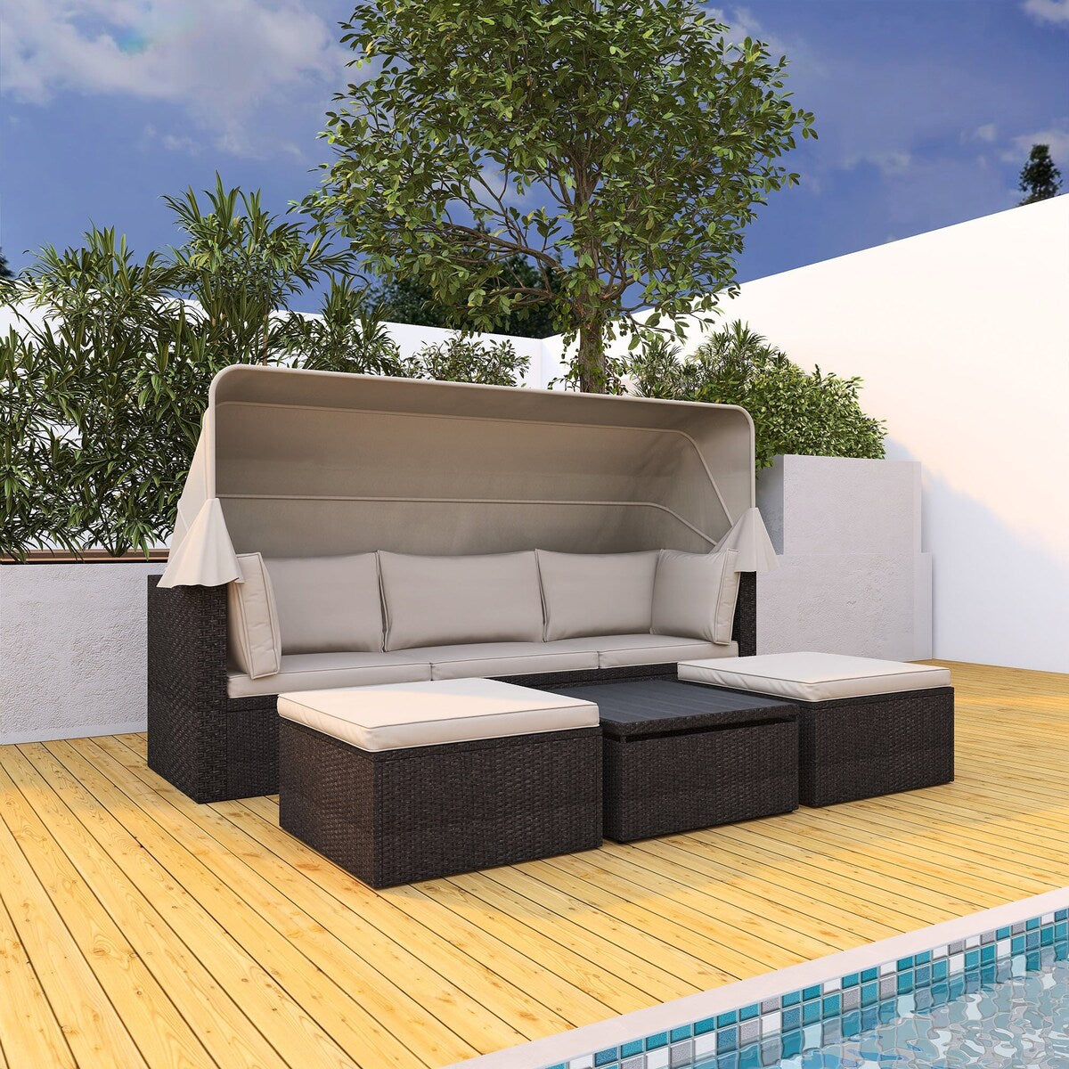 4-Piece Outdoor Wicker Sectional Patio Daybed with Canopy and Ottoman