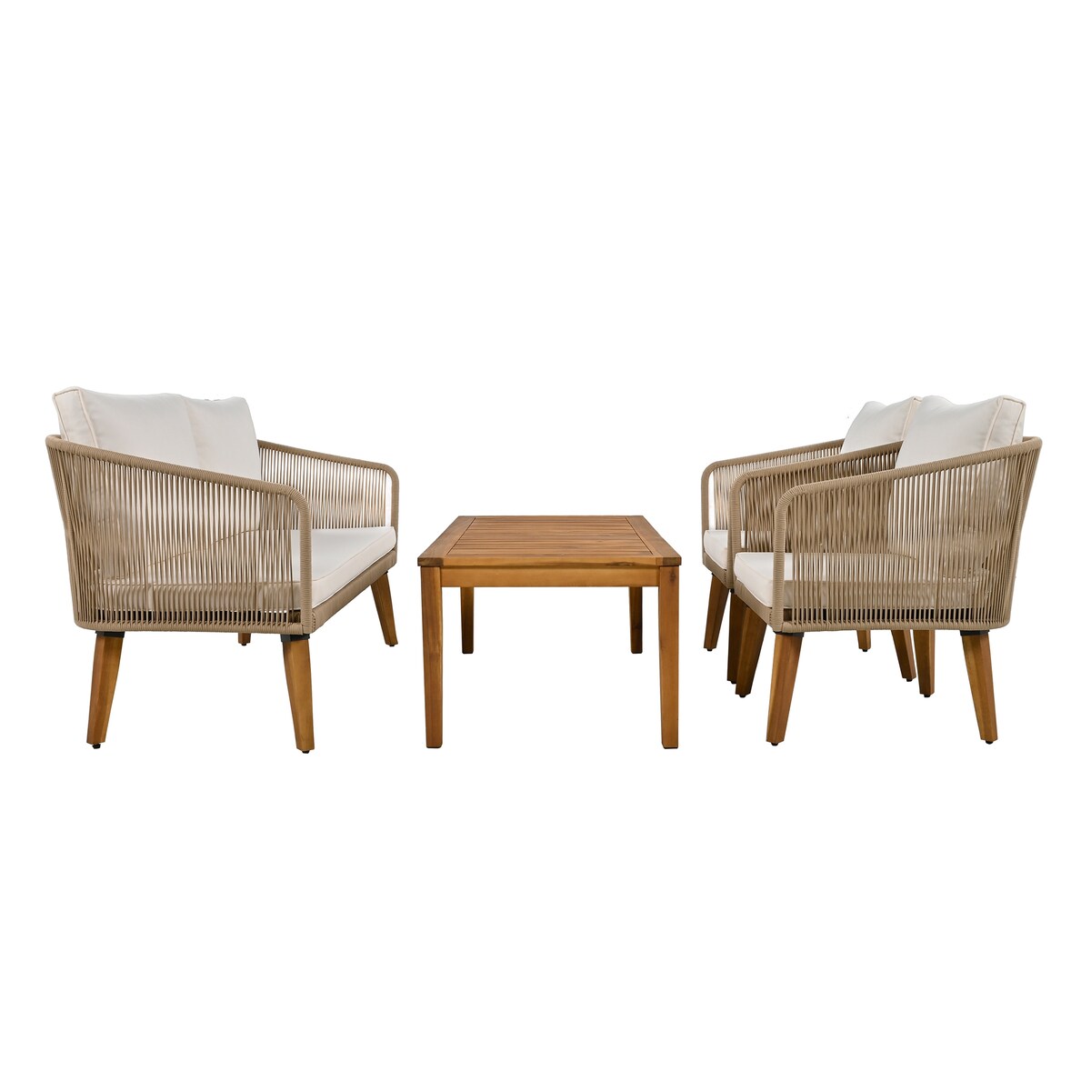 4-Piece Patio Conversation Set, Solid Wood Loveseat, 2 Chairs and Table, Outdoor Conversation Group with Cushions for Backyard