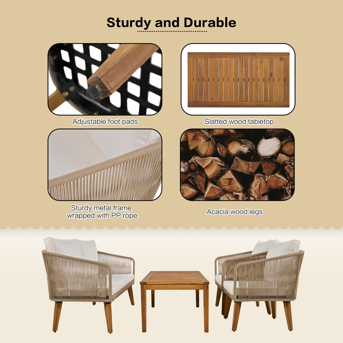 4-Piece Patio Conversation Set, Solid Wood Loveseat, 2 Chairs and Table, Outdoor Conversation Group with Cushions for Backyard