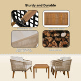 4-Piece Patio Conversation Set, Solid Wood Loveseat, 2 Chairs and Table, Outdoor Conversation Group with Cushions for Backyard