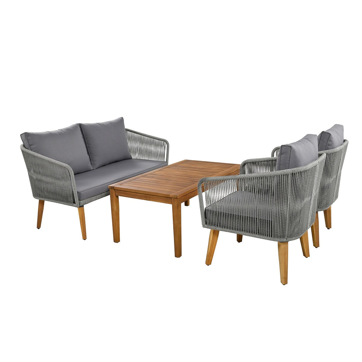 4-Piece Patio Conversation Set, Solid Wood Loveseat, 2 Chairs and Table, Outdoor Conversation Group with Cushions for Backyard