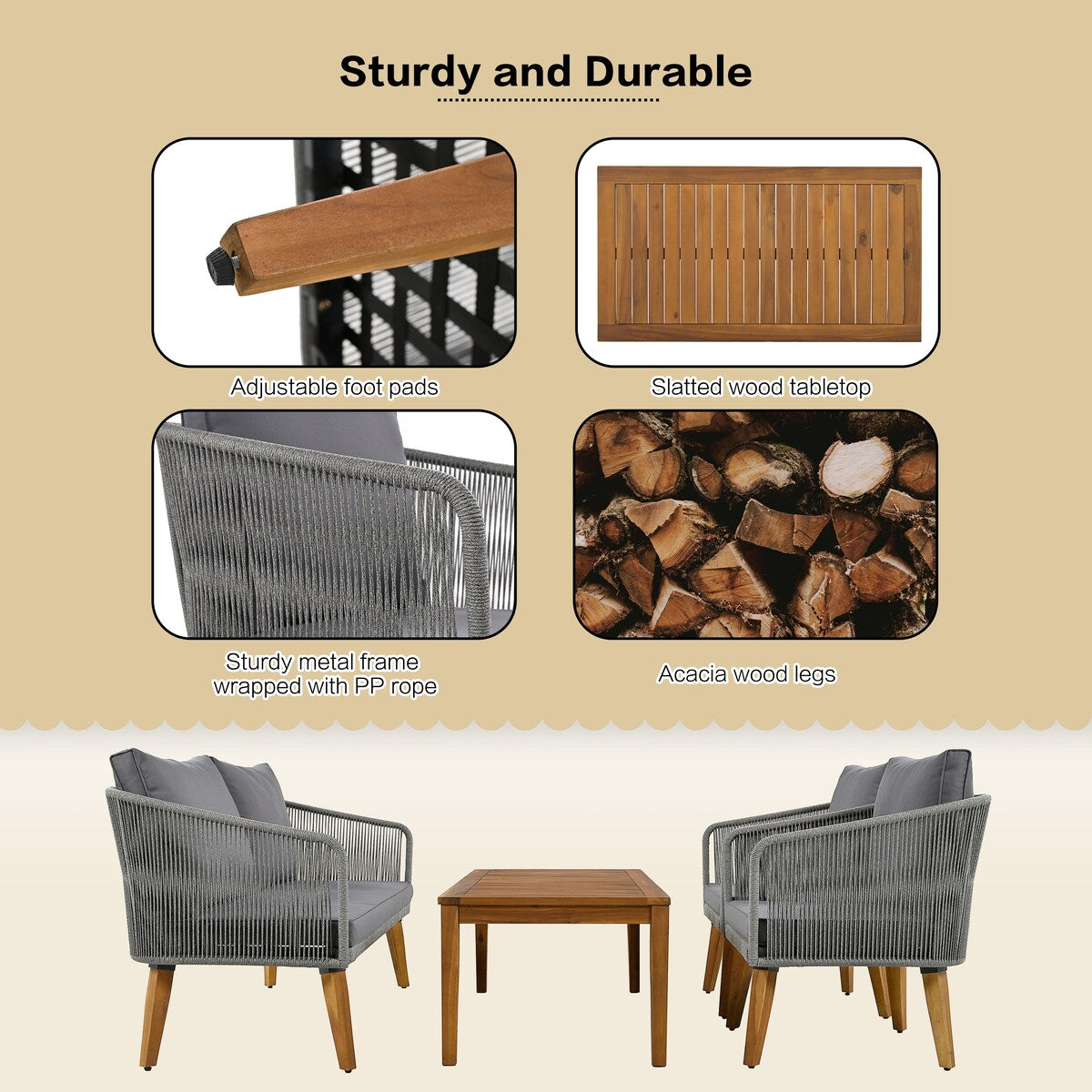 4-Piece Patio Conversation Set, Solid Wood Loveseat, 2 Chairs and Table, Outdoor Conversation Group with Cushions for Backyard